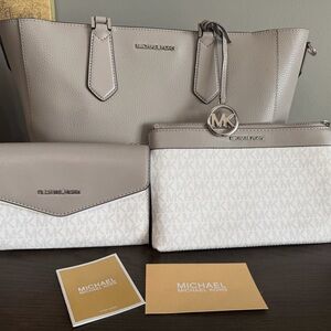 Michael Kors Gray Leather Tote 4-Piece Set | Crossbody Strap, Wallet & Pouch